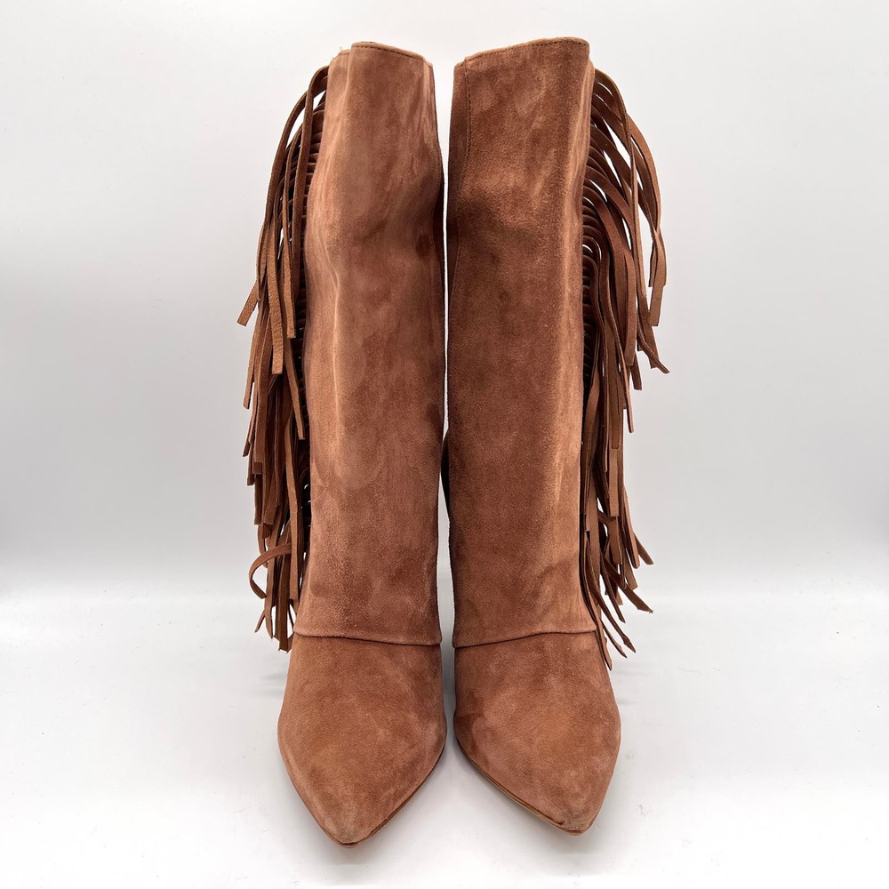 MARABELLE Suede Fringe Wedge Boot Womens 38 Brown Knee High Pointy Toe Pull On - Picture 3 of 16